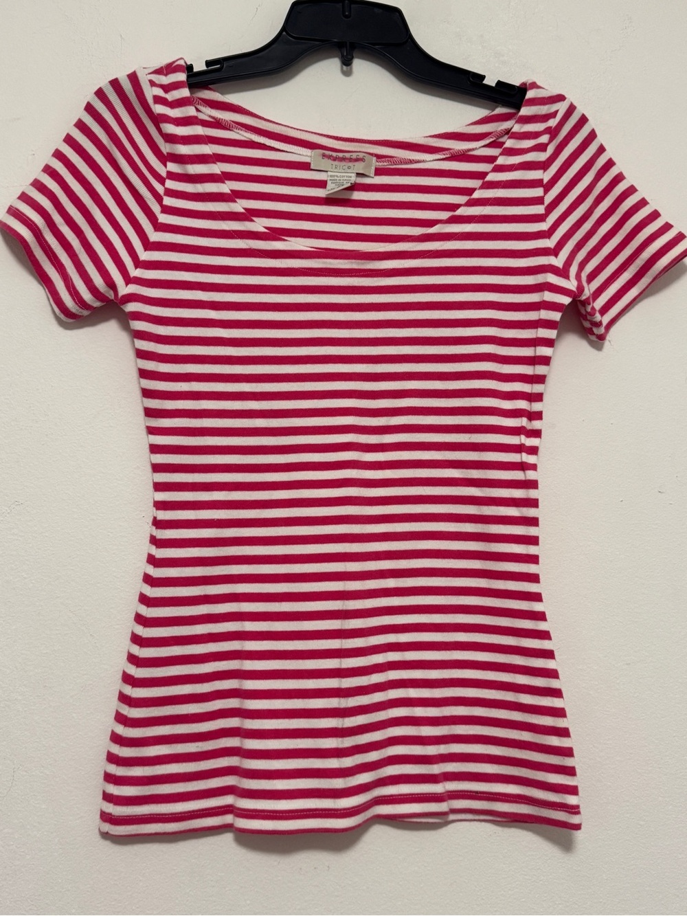 NEWE xpress Tricot Pink &White 100%Cotton Striped Fitted Scoop Neck Tee Women XS - Picture 3 of 6